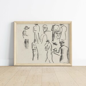 Puede incluir: Un dibujo a carboncillo en blanco y negro enmarcado de un grupo de personas. El dibujo est&aacute; hecho en un estilo suelto y gestual y representa a las personas en varias poses. El dibujo est&aacute; sobre un fondo blanco.