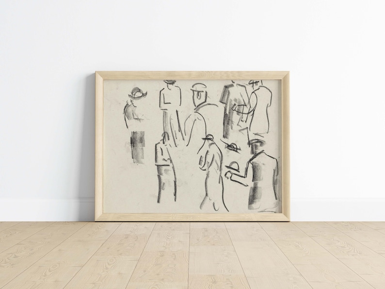 Puede incluir: Un dibujo a carboncillo en blanco y negro enmarcado de un grupo de personas. El dibujo est&aacute; hecho en un estilo suelto y gestual y representa a las personas en varias poses. El dibujo est&aacute; sobre un fondo blanco.