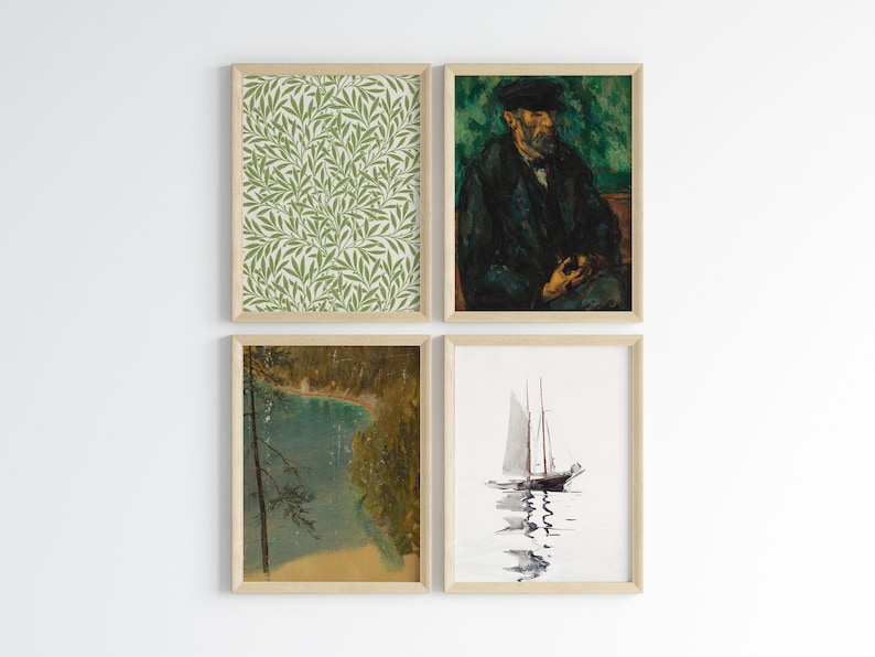 Puede incluir: Cuatro impresiones enmarcadas en una pared blanca. La impresi&oacute;n superior izquierda presenta un patr&oacute;n de hojas verde y blanco. La impresi&oacute;n superior derecha presenta una pintura de un hombre con un abrigo y un sombrero negros. La impresi&oacute;n inferior izquierda presenta una pintura de un lago y &aacute;rboles. La impresi&oacute;n inferior derecha presenta una pintura de un velero en el agua.
