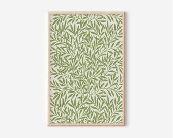 May include: A framed print featuring a repeating pattern of green leaves on a cream background. The leaves are stylised and resemble willow branches.