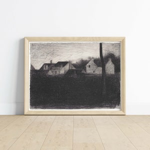 Puede incluir: Un dibujo a l&aacute;piz en blanco y negro de un paisaje rural con tres casas y un &aacute;rbol alto en primer plano. Las casas son simples y rectangulares, con techos y ventanas visibles. El &aacute;rbol es alto y delgado, con un tronco grueso y ramas que se extienden hacia el cielo. El cielo es gris claro y el suelo est&aacute; cubierto por un &aacute;rea oscura y sombreada.