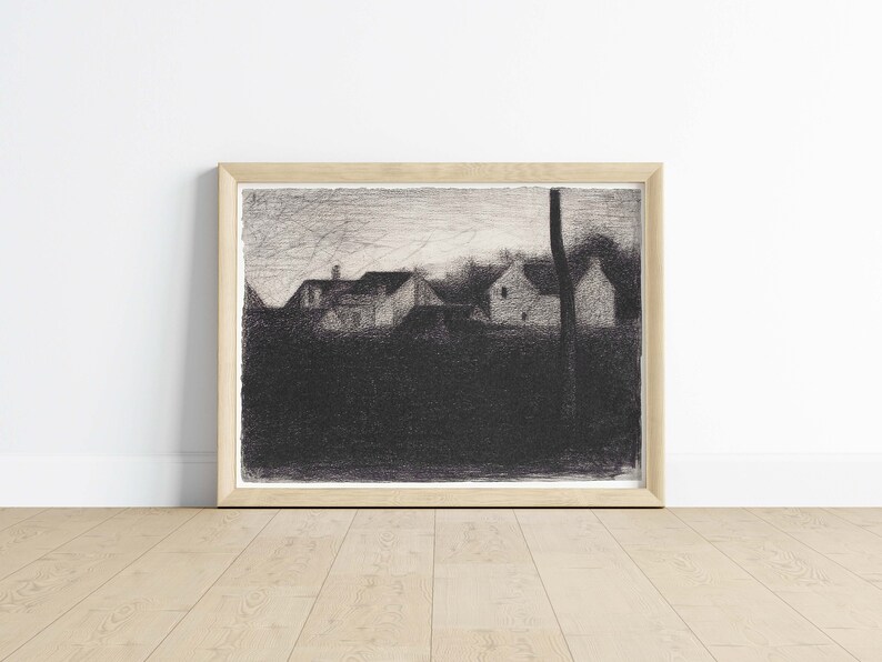 Puede incluir: Un dibujo a l&aacute;piz en blanco y negro de un paisaje rural con tres casas y un &aacute;rbol alto en primer plano. Las casas son simples y rectangulares, con techos y ventanas visibles. El &aacute;rbol es alto y delgado, con un tronco grueso y ramas que se extienden hacia el cielo. El cielo es gris claro y el suelo est&aacute; cubierto por un &aacute;rea oscura y sombreada.