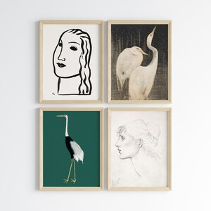 Puede incluir: Cuatro impresiones enmarcadas con diferentes temas. La impresi&oacute;n superior izquierda presenta un dibujo en blanco y negro de la cara de una mujer. La impresi&oacute;n superior derecha muestra dos p&aacute;jaros blancos con cuellos largos. La impresi&oacute;n inferior izquierda muestra un p&aacute;jaro blanco y negro con cuello largo de pie sobre un fondo verde. La impresi&oacute;n inferior derecha muestra un dibujo en blanco y negro de la cara de una mujer.