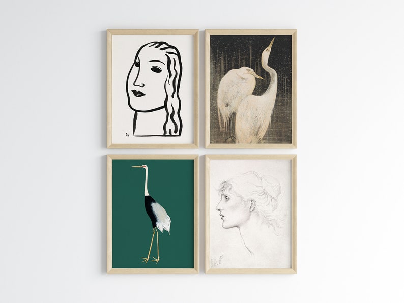 Puede incluir: Cuatro impresiones enmarcadas con diferentes temas. La impresi&oacute;n superior izquierda presenta un dibujo en blanco y negro de la cara de una mujer. La impresi&oacute;n superior derecha muestra dos p&aacute;jaros blancos con cuellos largos. La impresi&oacute;n inferior izquierda muestra un p&aacute;jaro blanco y negro con cuello largo de pie sobre un fondo verde. La impresi&oacute;n inferior derecha muestra un dibujo en blanco y negro de la cara de una mujer.