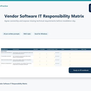 Puede incluir: Un documento digital de matriz de responsabilidad de TI para software de proveedores con el texto ITinPractice, 20 avisos preescritos, estilo RACI y Excel para Windows. La tabla incluye columnas para área de responsabilidad y estado.