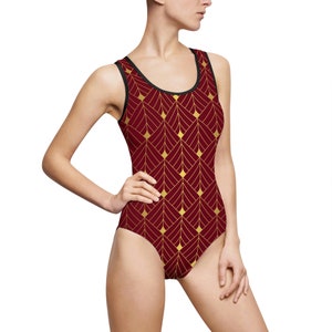 One Piece Art Deco Swimsuit | Patterned One Piece Bathing Suit | Red Swimsuit | Womens Bathing Suit | Beachwear Bodysuit | Womens Swimsuit