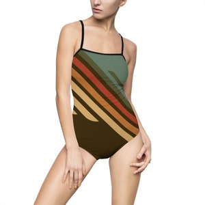 One-Piece Retro Stripe Swimsuit | 1970s Print One-Piece Bathing Suit | Classic Swimsuit | Women’s Bathing suit | Green Brown Swim