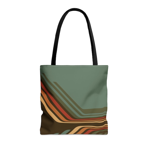 Retro Striped Tote Bag/1970s Print Tote/Green and Brown Bag/Book Bag/Purse/Beach Bag