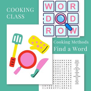May include: A teal graphic with the words "COOKING CLASS" and "Cooking Methods Find a Word." The image includes a word search puzzle, a magnifying glass, and illustrated cooking tools like a spatula, oven mitt, frying pan, and knife.