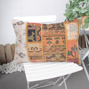 Turkish Pillow, Vintage Kilim Throw Pillow, 16x24 Boho Pillow Sham Cover, Designer Pillow, Orange Cushion, Patchwork Pillow, Rug Pillow,