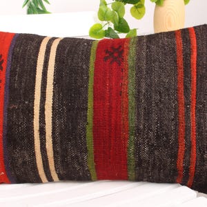 Throw Kilim Pillow, Boho Pillow, 16x24 Handmade Kilim Cushion, Home Decor Pillow, Brown Cushion, Lumbar Pillow, Bohemian Stripe Pillow,