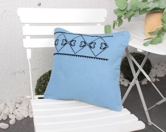 Blue Patterned Kilim Pillow Cover, 14x14 Home Decor Pillow, Boho Throw Cushion Case, Sofa Pillow, Turkish Design