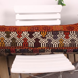 Handmade Kilim Cushion, Turkish Kilim Pillow, 12x36 Antique Pillows, Vintage Pillow, Orange Pillow Cover, Geometric Lumbar  Pillow,