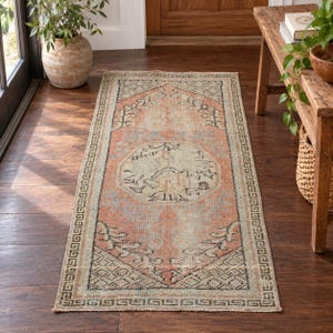 May include: A rectangular runner rug featuring a faded peach and cream color palette with a central medallion and geometric border patterns. The rug displays intricate black line work details throughout the design, set against a soft, muted background.
