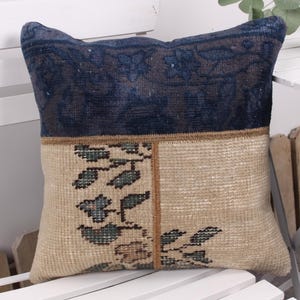 Home Decor Pillow, Handmade Kilim Cushion, 16x16 Kilim Pillow Cover, Kilim Cushion Sham, Blue Cushion, Patchwork Pillow, Rug Pillow,