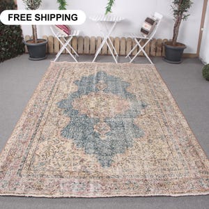6x9 Large Rug, Turkish Rug, Vintage Rug, Oushak Rugs, Rugs For Living Room, 5.8x9.4 ft Blue Rug, Modern Minimalist Wool Rug, Antique Rug,