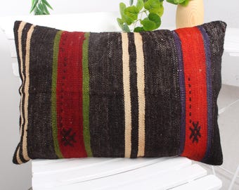 Almohada vintage, almohada de alfombra Kilim étnica, almohada Kilim turca de 16x24, almohada Boho, almohada marrón, almohada lumbar tribal, almohada Boho,