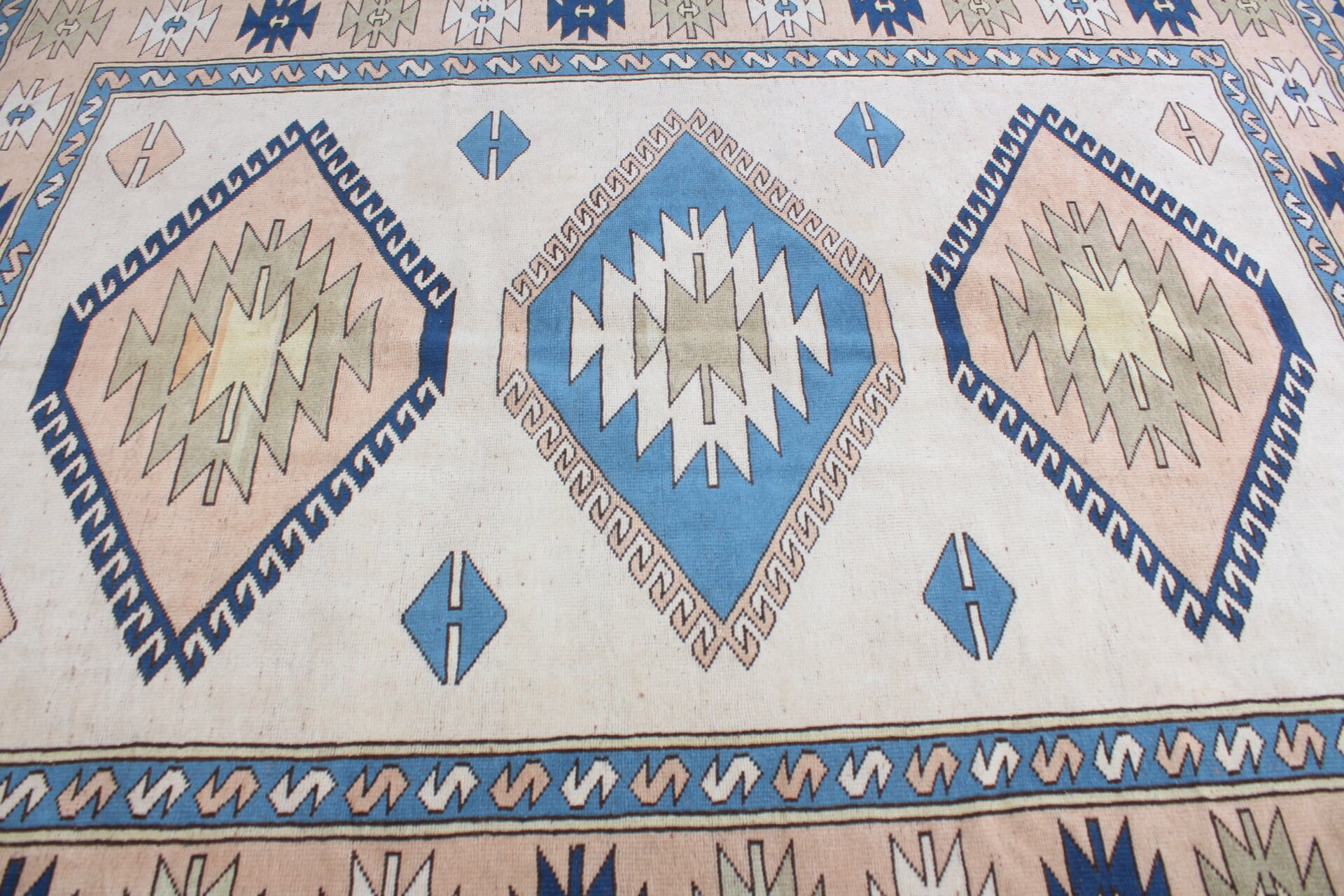 Vintage Turkish Rug, 7.4x9.3 Ft Rug, Blue White Oriental Wool Rug