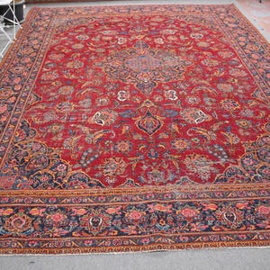 Vintage Turkish Rug, Red Floral Design, Handwoven Wool Carpet, 11x15ft, Ornate Traditional Patterns, Bold Colors, Large Area Rug
