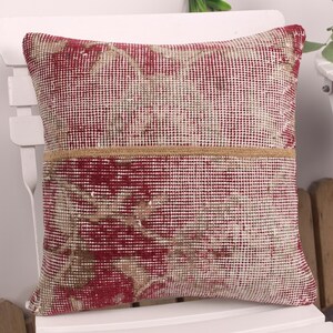 Boho Pillow Sham Cover, Kilim Pillow Cover, 16x16 Handmade Kilim Cushion, Turkish Pillow, Red Pillow, Patchwork Pillow, Rug Pillow,