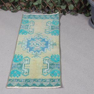 Vintage Rug Turkish Small Oushak Rugs For Bathroom 1.2x3.4 ft Green Oriental Door Mat Cute Old Turkey Home Decor Dorm Floor Muted Designer