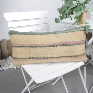 Vintage Kilim Pillow, Kilim Pillow, 12x24 Kilim Pillow Cover, Ethnical Kilim Rug Pillow, Beige Pillow, Neck Pillow, Boho Stripe Pillow,