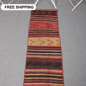 Turkish Kilim Small Rug 1.5x4.9 ft (47x149 cm), Vintage Red Patchwork Wool Rug
