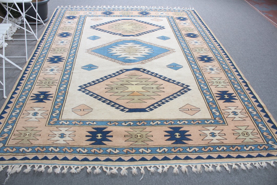 74×93 ViNTAGE TURKiSH RUG Vintage Turkish Rug, 7.4x9.3 Ft Rug, Blue White Oriental Wool Rug