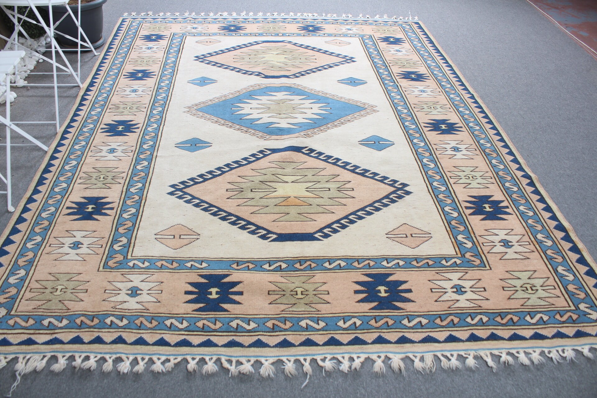 Vintage Turkish Rug, 7.4x9.3 Ft Rug, Blue White Oriental Wool Rug