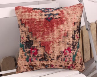 Turkish Kilim Pillow, Ethnical Kilim Rug Pillow, 12x12 Boho Pillow Sham Cover, Vintage Kilim Pillow, Red Cushion, Textured Pillow,