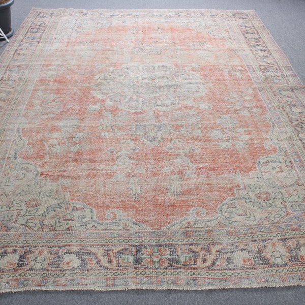 Turkish Rug, 7.5x9.9 ft  Oversize Rug, Vintage Rug, Oushak Rug, Rugs For Salon, Orange Oushak Rug, Faded Rug, Turkey Anatolian Rugs,