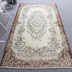 Vintage Turkish Area Rug, 4x7ft, Elegant Floral Design, Brown and Cream, Unique Home Decor, Handwoven Statement Piece