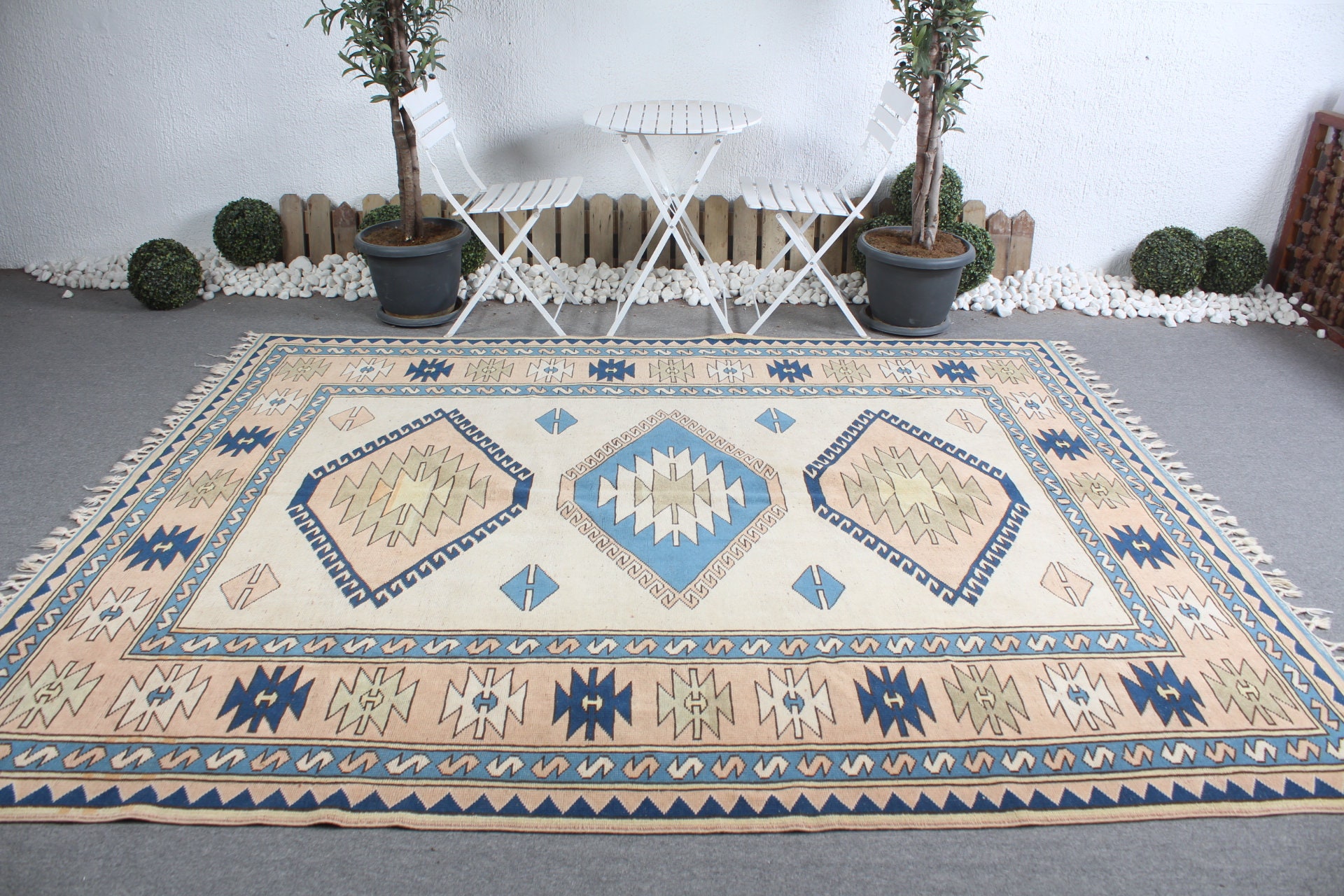 Vintage Turkish Rug, 7.4x9.3 Ft Rug, Blue White Oriental Wool Rug