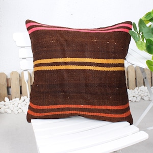 Pillow for Couch, Vintage Kilim Pillow, 20x20 Antique Pillows, Kilim Pillow, Brown Cushion Case, Colorful Stripe Pillow,