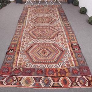 Vintage Kilim, Runner Kilim, Turkish Kilim, Oushak Kilim, Rugs For Corridor, 5.2x14 ft Purple Kilim, Turkish Kilim With Geometric Patterns