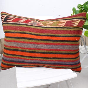 Boho Pillow, Turkish Kilim Pillow, 20x28 Antique Pillows, Vintage Pillow, Orange Cushion Case, Nomadic Rectangular  Pillow,