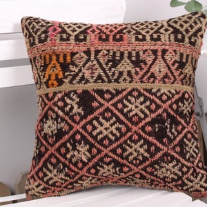 Pillow for Couch, Gift Pillow, 16x16 Vintage Pillow, Ethnical Kilim Rug Pillow, Brown Cushion, Patchwork Pillow, Geometric Kilim   Pillow,