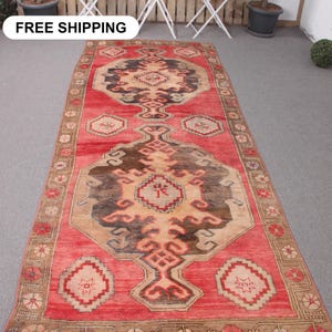 Turkish Rug, Vintage Rug, Large Rug, Anatolian Rug, Rugs For Living Room, 4.3x10.7 ft Red Rug, Colorful Area Rug, Decorative Oushak Rug,