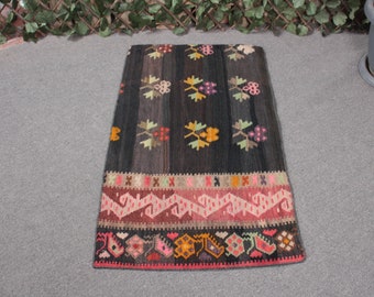 Small Kilim, Vintage Kilim, Turkish Kilim, Flower Design Kilim, Rugs For Entry, Black Rug, Anatolian Kilim, Handmade Kilim, Nursery Kilim,