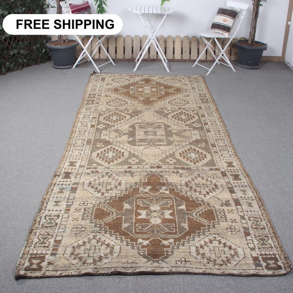 4 x 10 groot tapijt, Turks tapijt, vintage tapijt, vervaagd Anatolisch tapijt, vloerkleden voor woonkamer, beige tapijt van 4,4 x 9,7 ft, wollen tapijt met geometrische patronen