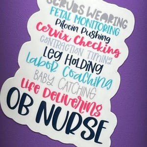 May include: A white sticker with a blue, pink, and gray design. The sticker says "Scrubs Wearing, Fetal Monitoring, Pitocin Pushing, Cervix Checking, Contraction Timing, Labor Coaching, Leg Holding, Baby Catching, Life Delivering, OB Nurse".
