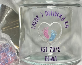Pink and Blue Glitter Labor and Delivery Tracking Jar with Pacifiers or Beads- Personalized