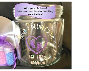 Birth and Delivery Tracking Jar with Beads- Personalized for Labor Nurse- Holographic or Glitter