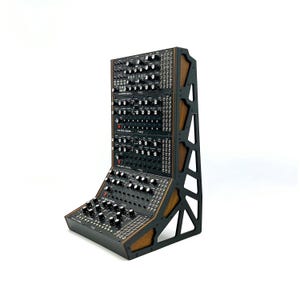May include: A black modular synthesizer system with numerous knobs and buttons, mounted on a wooden and black metal frame. The system is designed for electronic music production and performance.