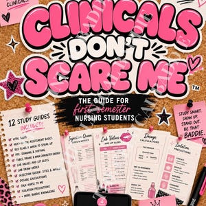 Könnte beinhalten: Ein digitales Lernhilfe-Set mit dem Titel The Clinical Baddie und dem Text Clinicals Don't Scare Me. Enthält 12 Lernhilfen für Pflegestudierende zu Vitalzeichen, Laborwerten, Dosierungsberechnungen und Isolationsmaßnahmen in Pink und Schwarz.