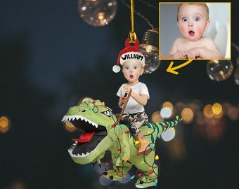 Cute Kid Rides The Dinosaur Kid Photo Acrylic Ornaments, Christmas Gift, Custom Photo Ornament, Funny Ornament, Holiday Decors, Xmas Decors