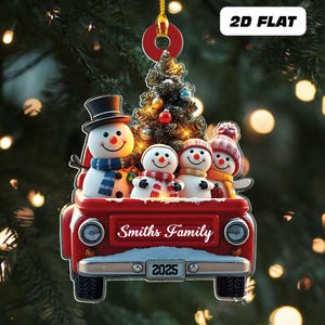 Personalized Snowman Family Christmas Ornament, Red Truck Christmas Ornament, Snowman Ornament, Custom Name Ornament, Family Christmas Gifts