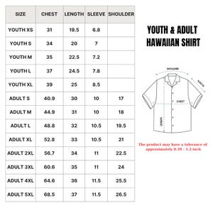 May include: A white chart with size measurements for Youth and Adult Hawaiian shirts. Measurements include chest, length, sleeve, and shoulder in inches. The chart also includes a diagram of the shirt with labeled measurements.