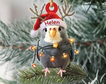 Personalized Christmas Ornament, Custom Parrot Ornament, Custom Bird Ornament, Gray Cockatiel Perched Parrot Christmas Ornament,  2d Flat