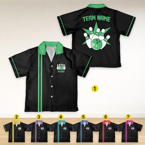 May include: Black bowling shirt with green accents, featuring a bowling pin and ball graphic. The shirt has a green collar, stripes, and trim. The back of the shirt displays the text "TEAM NAME". Additional shirts with different color accents are also shown.